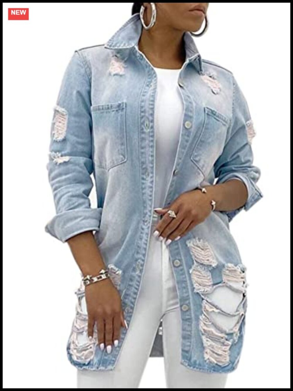 Long Denim Jacket for Women Classic Trucker Ripped Jean Coat
